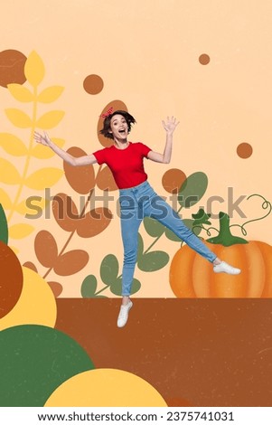 Vertical collage picture of overjoyed girl jumping drawing plant leaves pumpkin isolated on beige background