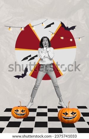 Picture conceptual collage of afraid scared girl jump up hands touch face say wow omg trick or treat isolated on drawing background