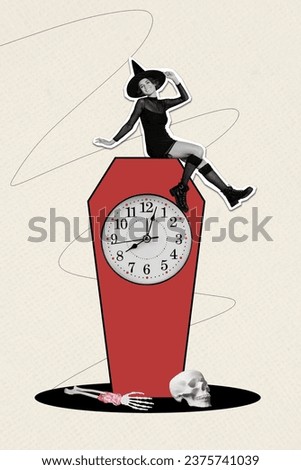 Sketch 3d picture collage of funky happy cheerful girl sitting clock preparing halloween night isolated on drawing doodle background