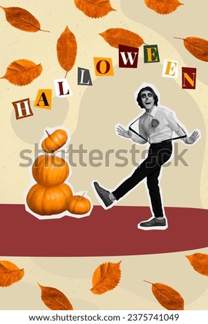 Composite collage picture image of caballero mexico character dancing pumpkin autumn leaves halloween party magazine poster banner