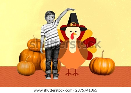 Collage image of black white effect boy arm measure size painted turkey hat thanksgiving pumpkin isolated on creative background