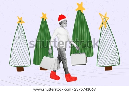 Artwork collage picture of black white colors grandfather hold store mall bags walk new year evergreen trees isolated on creative background