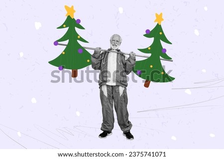 Artwork collage picture of black white colors grandfather press barbell two heavy decorated new year trees isolated on painted background