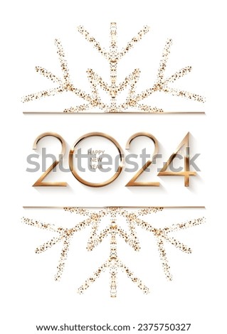 Happy New Year 2024 with gold frame and snowflake. Shining with sparkles numbers and border Merry Christmas card on white background. Greeting festive vector illustration. Holiday modern poster Royalty-Free Stock Photo #2375750327