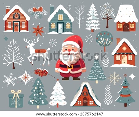 Set of scandi christmas elements. Santa Klaus. Hand drawn christmas illustration, cute houses, trees, deer, snowflakes.