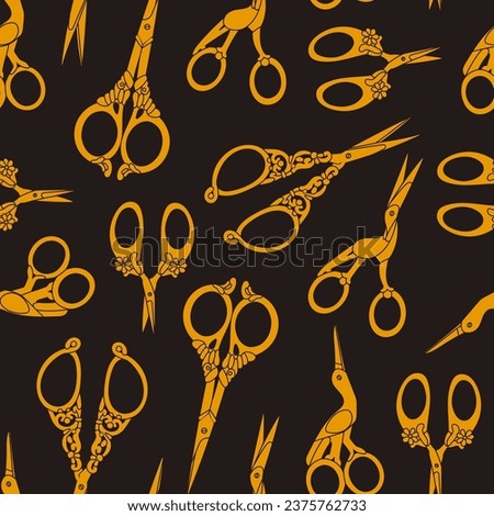Set of various golden Scissors. Elegant, fancy, vintage, retro style. Hand drawn Vector illustration. Cutting hair, scissoring, shear concept. Square seamless Pattern, background, wallpaper