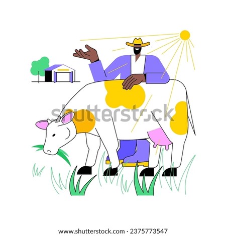 Pastures isolated cartoon vector illustrations. Livestock eating grass in the pasture, smiling farmer, agribusiness industry, agricultural input sector, countryside lifestyle vector cartoon.