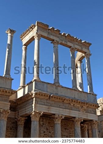 Columns in the Roman theater of Mérida. Archaeological complex of Mérida, declared a World Heritage Site by UNESCO in 1993. Emerita Augusta. Merida. Badajoz, Extremadura, Spain. Royalty-Free Stock Photo #2375774483
