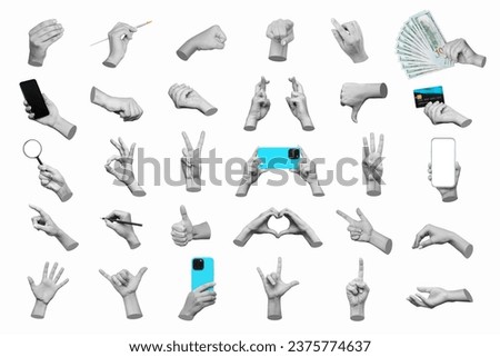 Set of 3d hand gestures ok, peace, thumb up, dislike, point to object, holding magnifier, money, mobile phone, banl card, writing on white background. Contemporary art, creative collage. Modern design Royalty-Free Stock Photo #2375774637