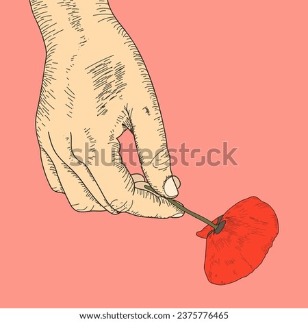 Hand holding flower sketch, Hand flower drawing, Hand Holding Red Flower