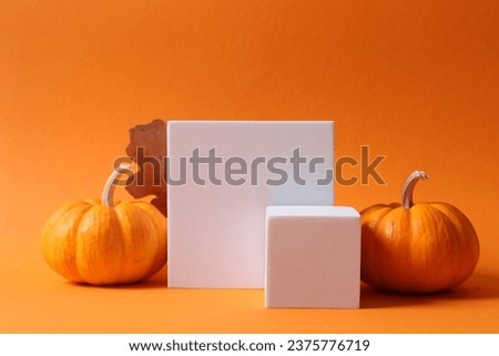 Small orange pumpkin on a white podium with copy space. Halloween or Thanksgiving celebration concept.