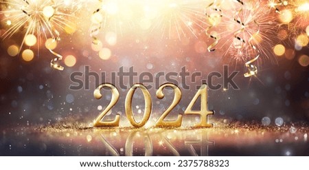 2024 Happy New Year - Golden Number On Glitter And Fireworks In Abstract Defocused Lights