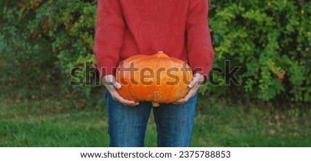 Woman in red sweater holding big orange pumpkin. Autumn Halloween concept