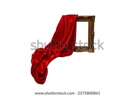 red satin fabric, unveiling a golden brown frame, motion blur levitating isolated on white background, luxury backdrop for product display, 