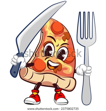 vector mascot character of a slice of pizza carrying a knife and fork