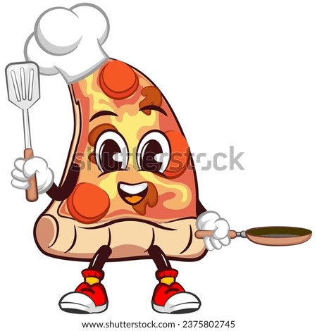vector mascot character of a slice of pizza in a chef's hat carrying a spatula and frying pan