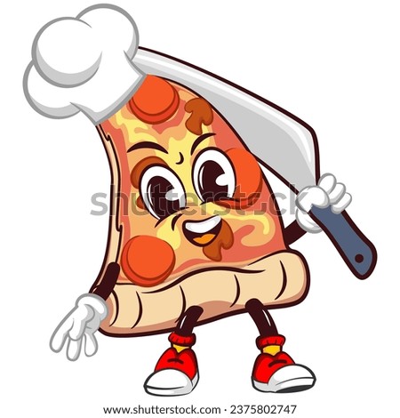 vector mascot character of a slice of pizza in a chef's hat carrying a knife