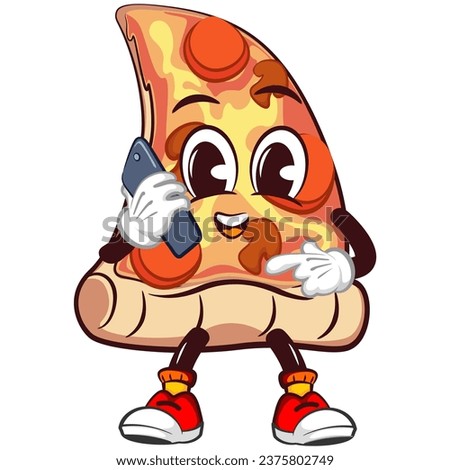 vector mascot character of a slice of pizza calling with a smartphone