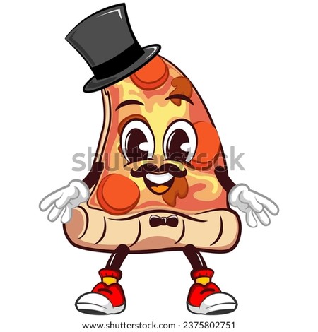 vector mascot character of a slice of pizza dressed up vintage with mustache, hat and bow tie