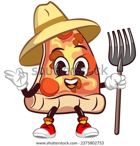 vector mascot character from a slice of pizza to a farmer in a hat carrying a fork scoop and giving an okay sign