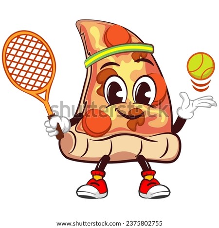 vector mascot character of a slice of pizza playing tennis with a ball and a tennis racket