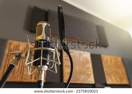 Condenser Microphone in Recording Studio - A close-up of a condenser microphone in a recording studio, with a shallow depth of field. In the blurred background, sound-absorbing panels can be discerned
