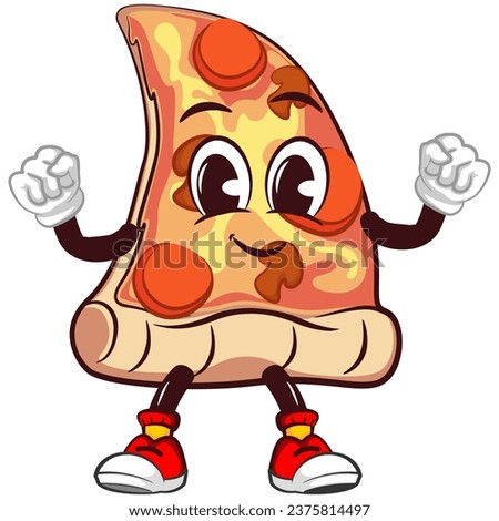 vector mascot character of a slice of pizza being excited with clenched fist