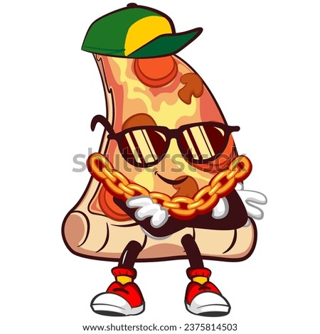 vector mascot character of a slice of pizza dressed up in hiphop wearing a hat, sunglasses and a gold chain necklace