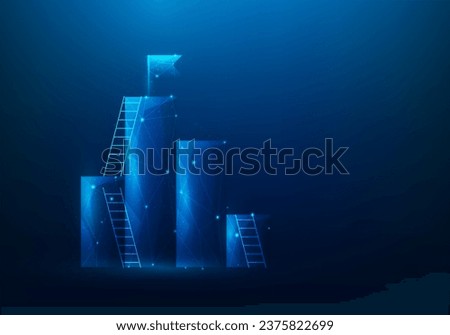 leadership stair to target success and flag on top. business strategy achievement step to goal target. vector illustration low poly fantastic design. mission digital technology on blue background. Royalty-Free Stock Photo #2375822699