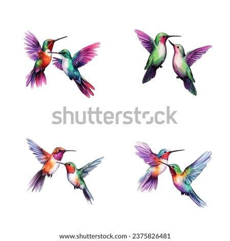 set of happy cute hummingbird watercolor illustrations for printing on baby clothes, pattern, sticker, postcards, print, fabric, and books Royalty-Free Stock Photo #2375826481