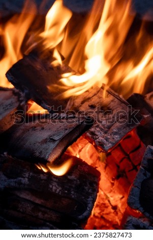 fire flames, burning wood in a fireplace, closeup of photo