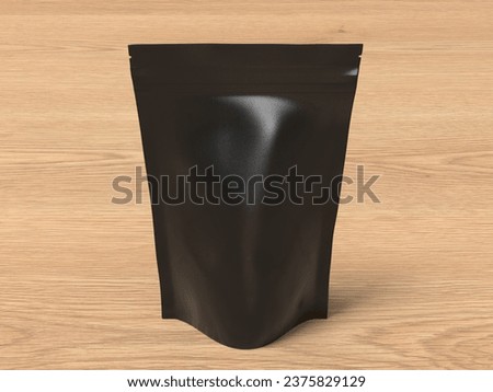 Black packaging pouch mockup for tea, coffee, snack on wooden background. Branding mockup. 3d illustration