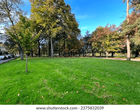 Park land in early autumn, with old trees, grassland, a pathway, and a road, with blue skies in, Lister Park, Bradford, UK Royalty-Free Stock Photo #2375832039