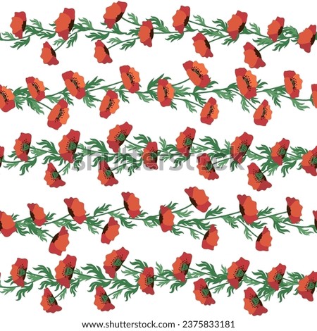 Summer seamless pattern with bright red poppy flowers and poppy pods. Field, meadow of poppies. Garland, flower border