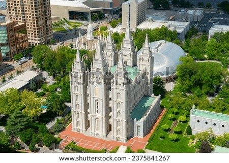 Salt Lake Utah Temple, the church of Jesus Christ of Latter Day Saints aerial view at Temple Square in Salt Lake City, Utah UT, USA. 