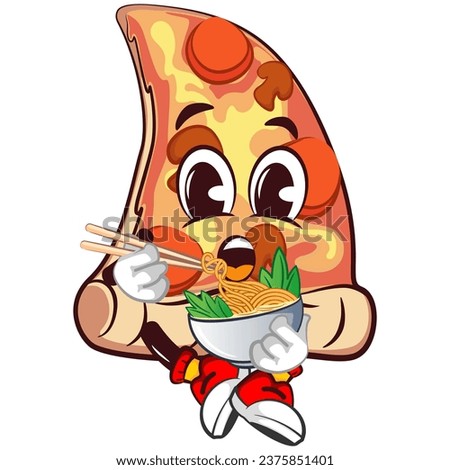 vector mascot character of a slice of pizza is eating a bowl of noodles with chopsticks