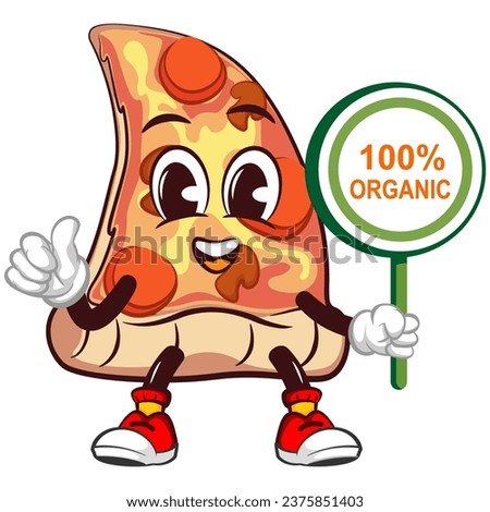 vector mascot character of a slice of pizza holding a business sign that says 100 percent organic with a thumbs up