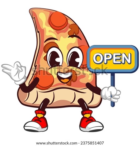 vector mascot character of a slice of pizza holding a business sign that says open and giving an okay sign