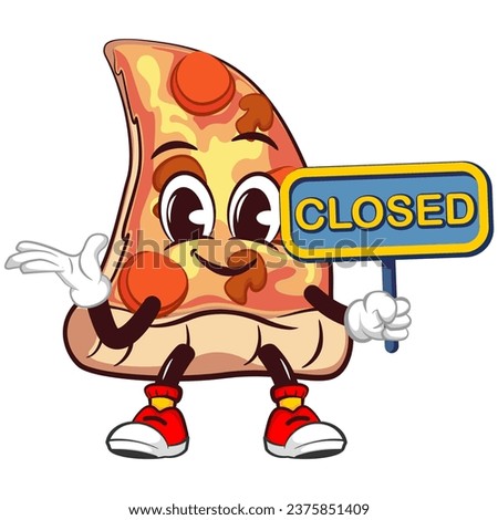 vector mascot character of a slice of pizza holding a business sign that says closed