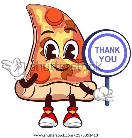 vector mascot character of a slice of pizza holding a business sign that says thank you and giving an okay sign