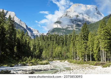 Valley Val Travenanzes and river Rio Travenanzes in Tofane gruppe with spruce forest, Alps Dolomites mountains, Fanes national park, Italy Royalty-Free Stock Photo #2375853093