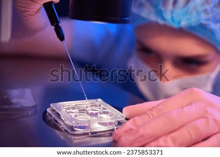 Focused lab scientist collecting in vitro cultured embryos for biopsy Royalty-Free Stock Photo #2375853371