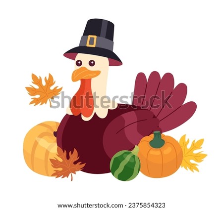 Thanksgiving pilgrim turkey in pumpkins fall 2D cartoon character. Wearing hat capotain poultry fowl isolated vector animal white background. Harvest autumn celebrate color flat spot illustration