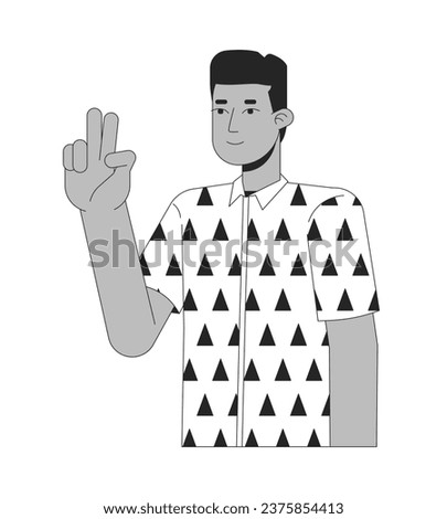 African american young man peace fingers black and white 2D line cartoon character. Black guy takes selfie isolated vector outline person. Two fingers up. Mood fun monochromatic flat spot illustration