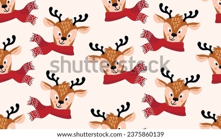 Cartoon deer head with warm scarf.Seamless pattern with cute funny character.Winter holidays background for printing on fabric and paper.Endless wallpaper with wild animal.Vector illustration on white