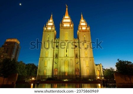 Salt Lake Utah Temple, the church of Jesus Christ of Latter Day Saints at night at Temple Square in Salt Lake City, Utah UT, USA. 