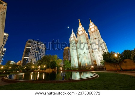 Salt Lake Utah Temple, the church of Jesus Christ of Latter Day Saints at night at Temple Square in Salt Lake City, Utah UT, USA. 