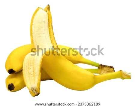 Bananas isolated on white background. Half peeled fruit