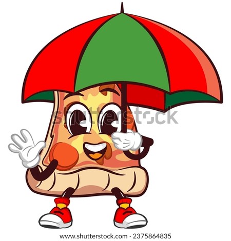 vector mascot character of a slice of pizza with an umbrella