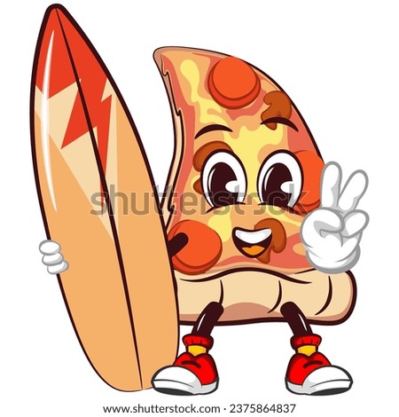 vector mascot character of a slice of pizza carrying a surfboard